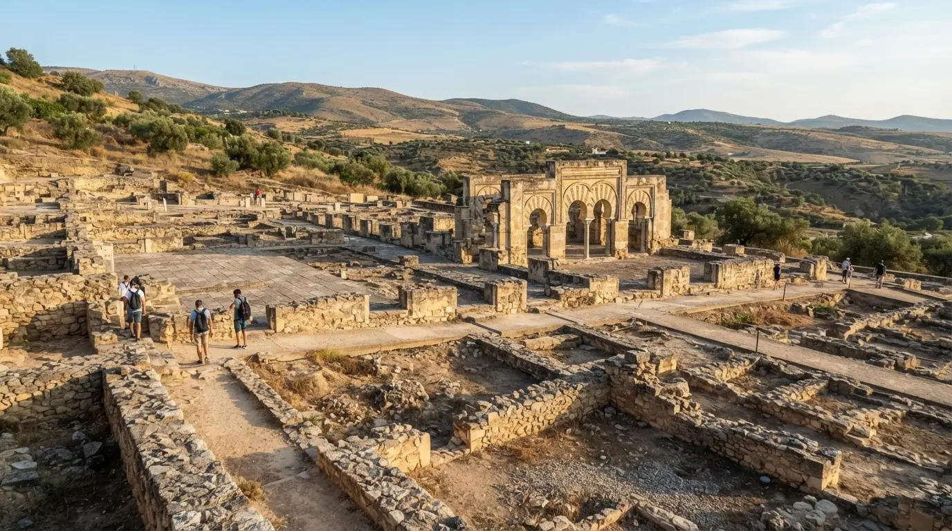 Excavated foundations at Medina Azahara with the reconstructed Salón Rico columns in afternoon light, a fraction of the unexcavated 112-hectare caliphal city visible beyond, illustrating cordoba travel mistakes