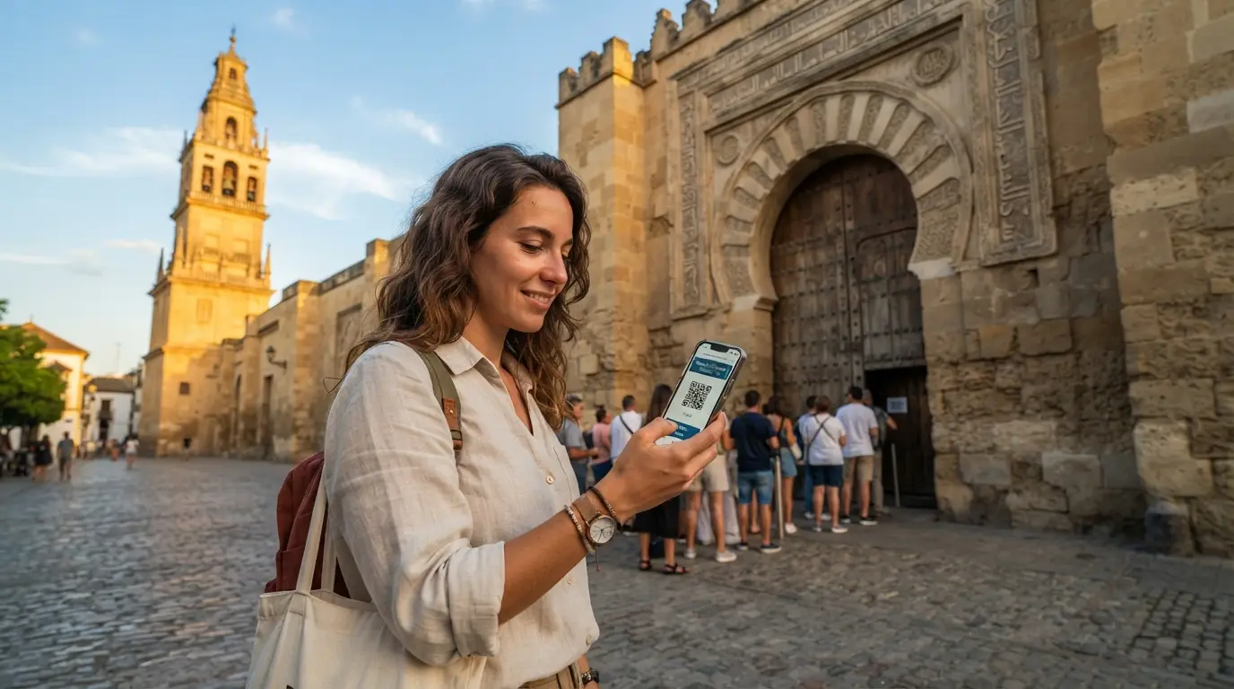 Photorealistic scene of a traveller checking a phone with a timed-entry ticket outside the Mezquita-Catedral's Puerta del Perdón at golden hour, illustrating cordoba travel mistakes like arriving without a booked slot