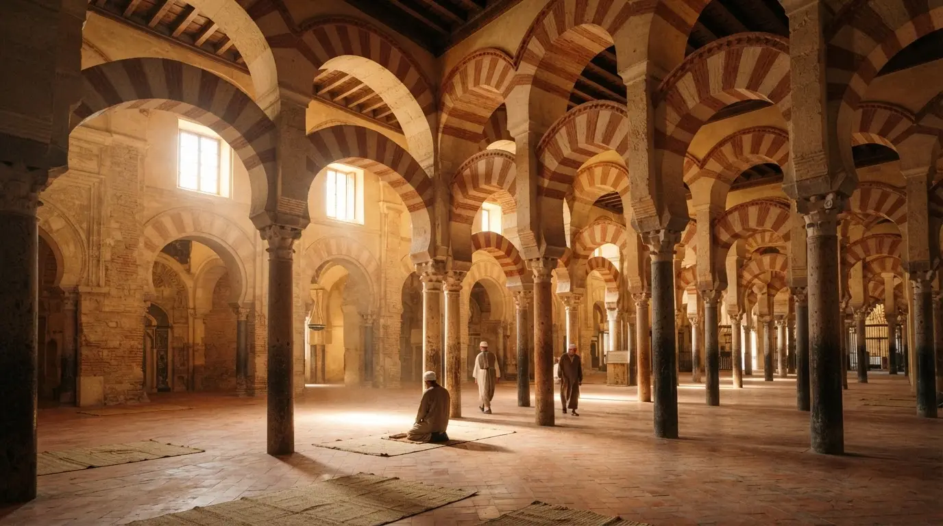 Reconstruction view of the original Great Mosque of Córdoba founded by abd al-rahman i cordoba in 785 CE, striped red and white double arches over Roman and Visigothic columns, golden midday light through the prayer hall, photorealistic