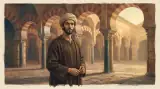 Illustration of Abd al-Rahman I as a young Umayyad emir in a plain robe and turban, standing before a horseshoe arcade of red and white arches in 8th-century Córdoba, warm evening light
