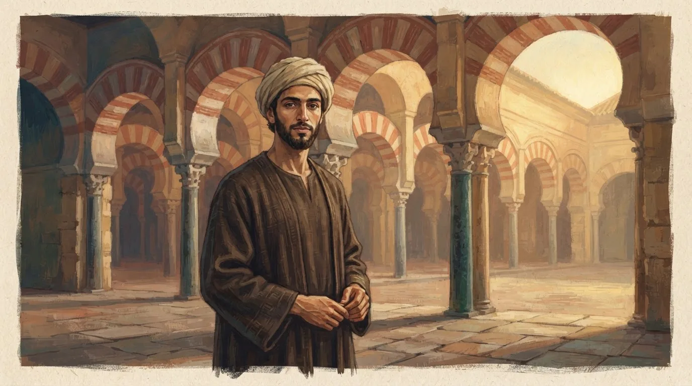 Illustration of Abd al-Rahman I as a young Umayyad emir in a plain robe and turban, standing before a horseshoe arcade of red and white arches in 8th-century Córdoba, warm evening light