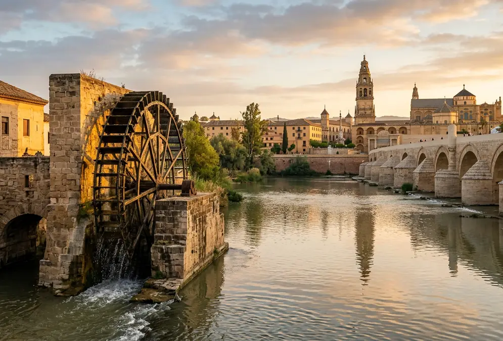 The Albolafia waterwheel turning on the Guadalquivir River at dawn, Córdoba Spain, Roman Bridge stone arches to the right, the Mezquita-Catedral tower visible beyond, warm golden light on the river surface and medieval stonework