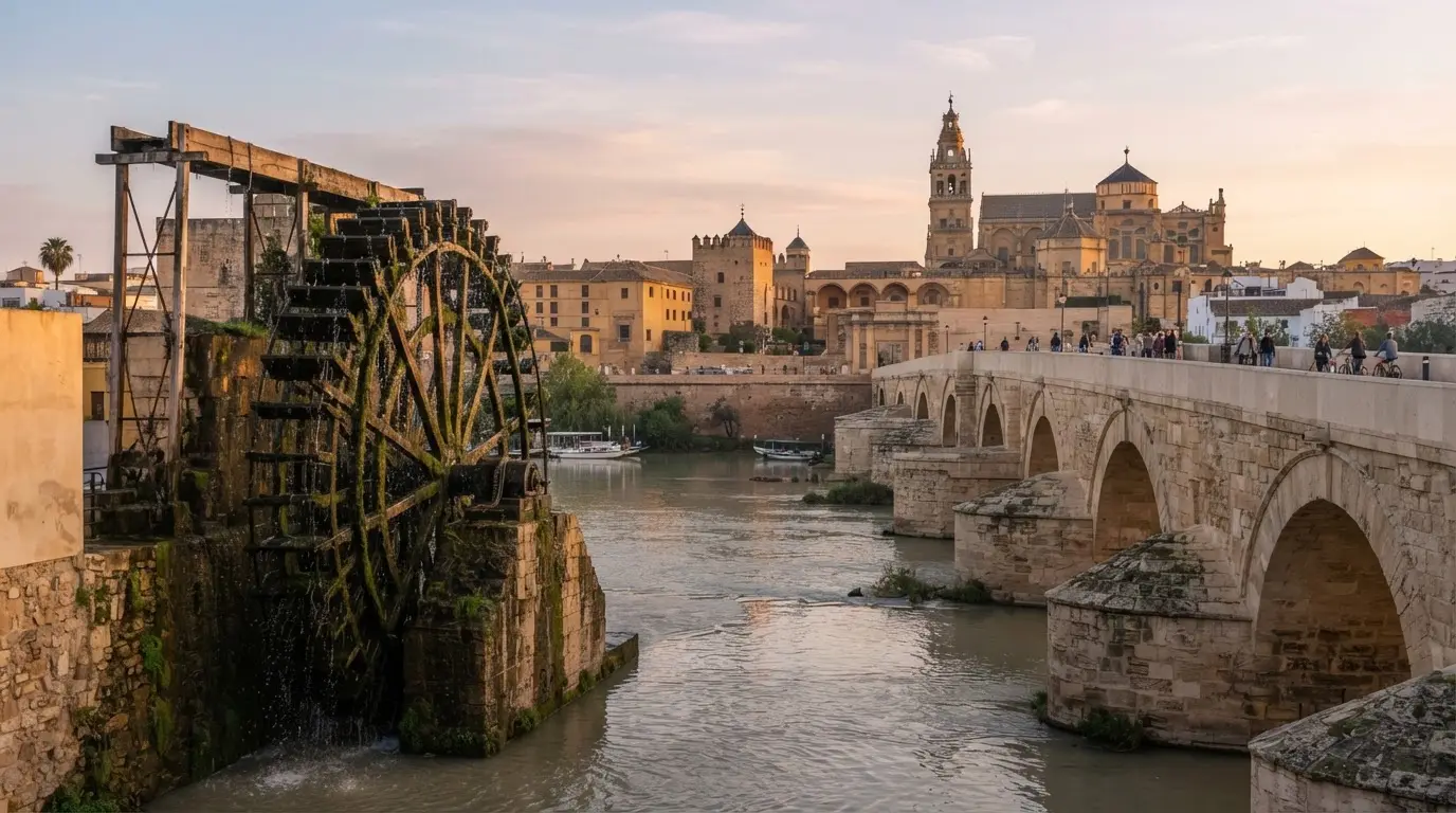The Albolafia waterwheel turning on the Guadalquivir River at dawn, Córdoba Spain, Roman Bridge stone arches to the right, the Mezquita-Catedral tower visible beyond, warm golden light on the river surface and medieval stonework