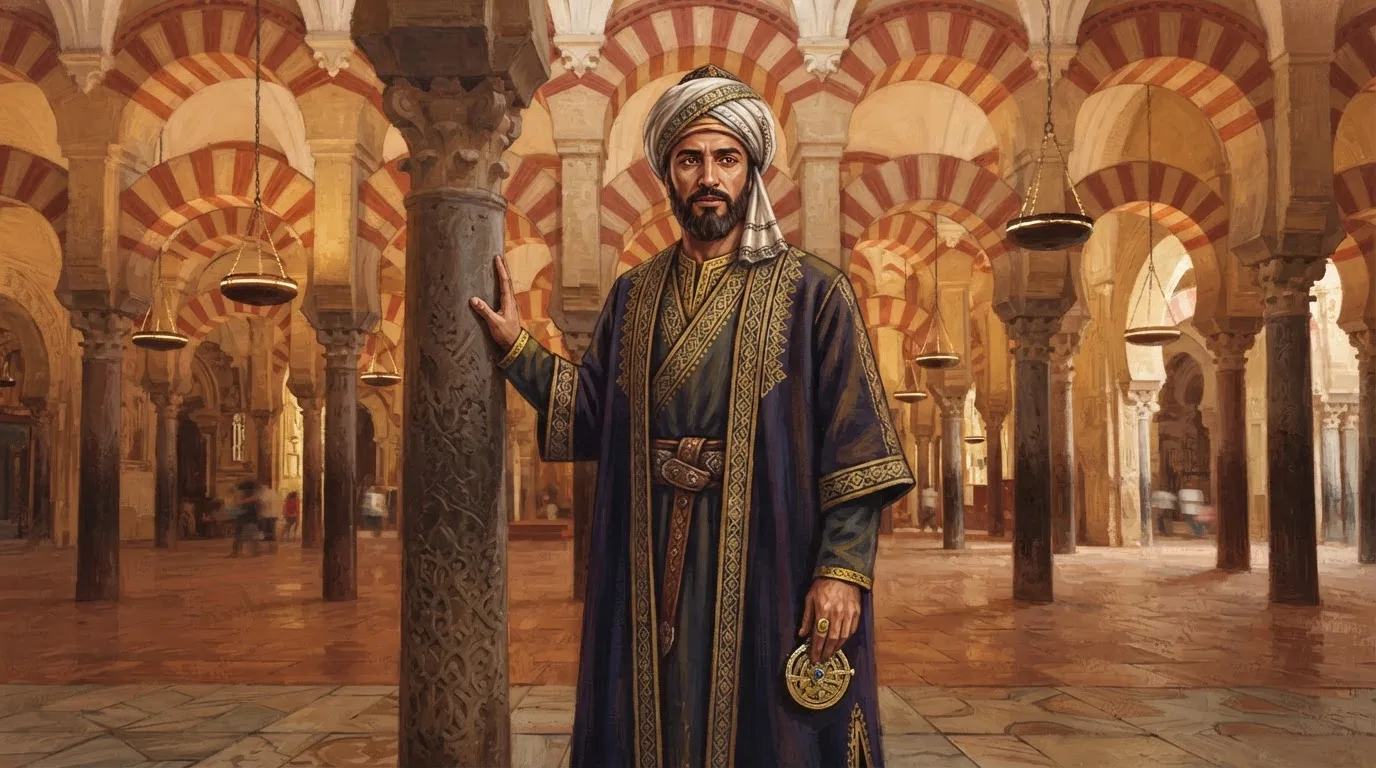 Illustration of a bearded ninth-century Umayyad emir in a dark embroidered robe and white turban, one hand on a carved column in a hall of red-and-white horseshoe arches, hanging lamps behind him