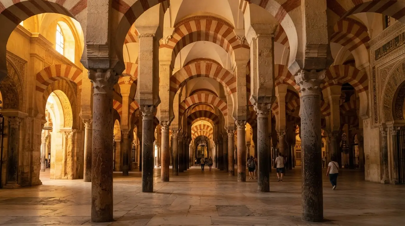 Interior of the Great Mosque of Córdoba at golden hour, red and white striped arches receding into shadow, double-tiered columns of jasper and granite from the caliphal era of abd al-rahman iii