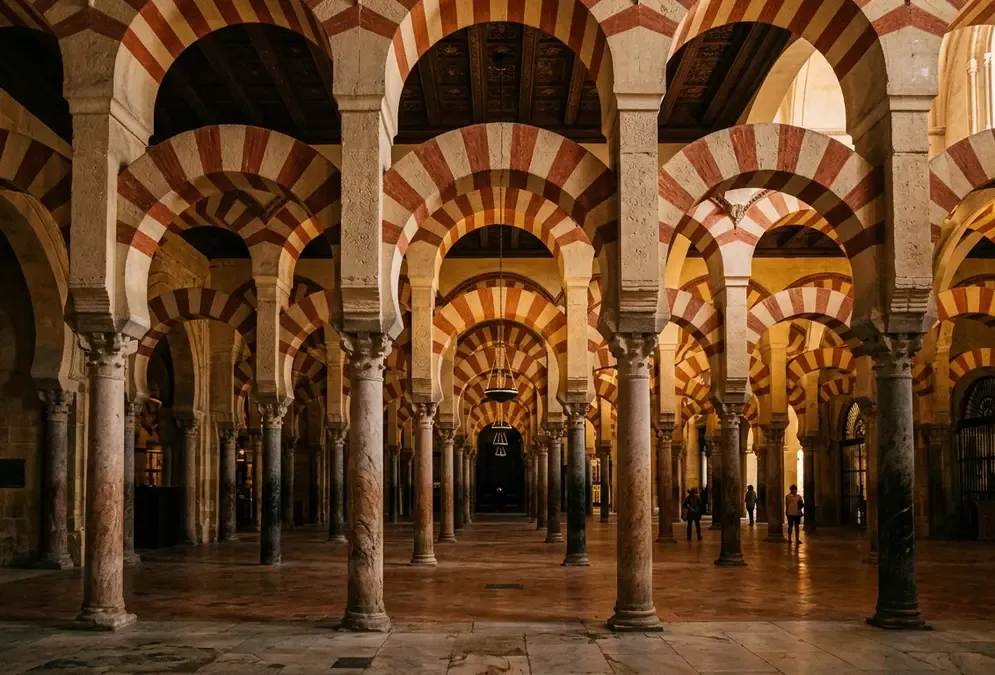 Interior of the Great Mosque of Córdoba at golden hour, red and white striped arches receding into shadow, double-tiered columns of jasper and granite from the caliphal era of abd al-rahman iii