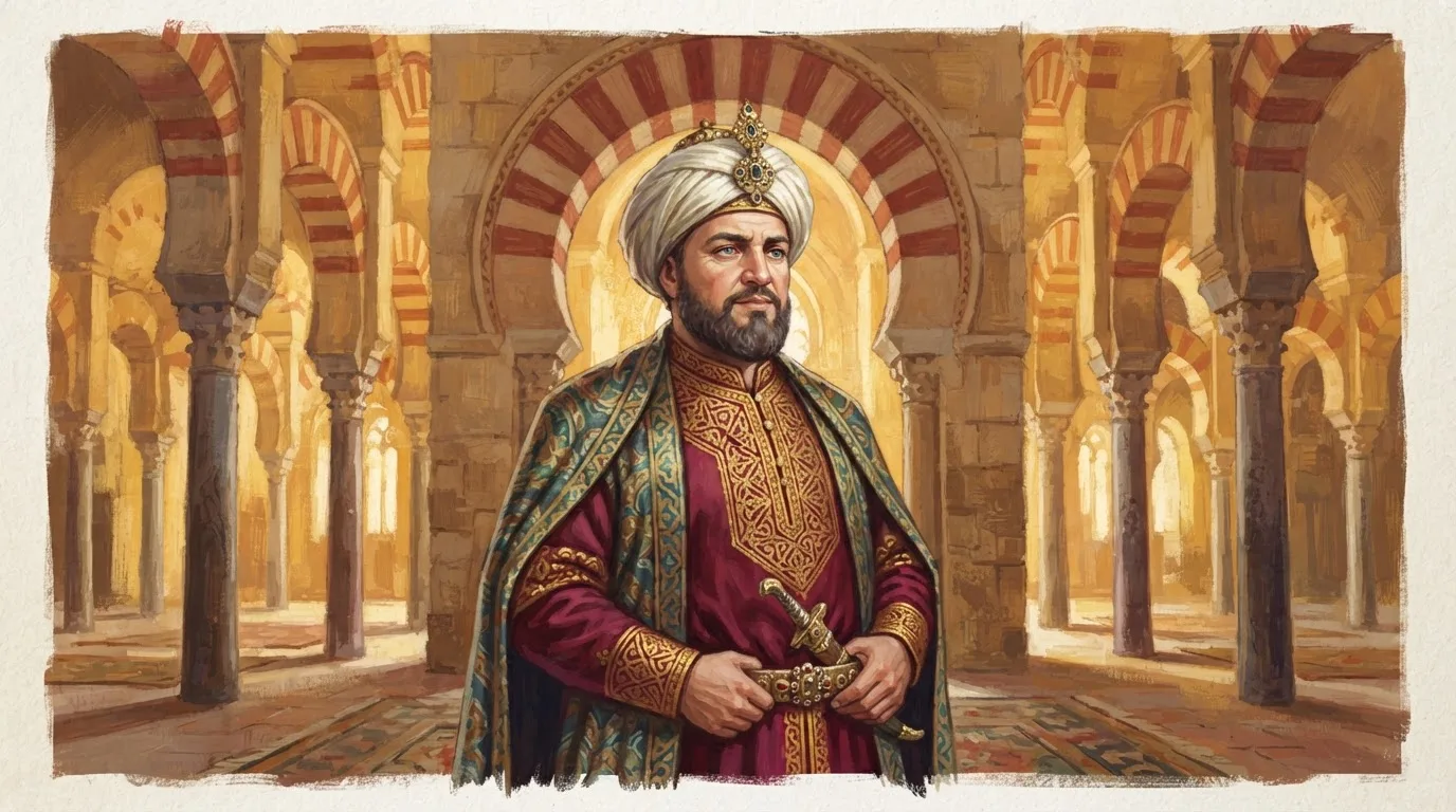 Illustration of Abd al-Rahman III as a 10th-century Umayyad caliph, with blue eyes and a dark beard, in a white turban and crimson robe, standing before the red-and-white arches of the Great Mosque