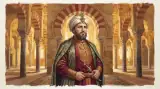 Illustration of Abd al-Rahman III as a 10th-century Umayyad caliph, with blue eyes and a dark beard, in a white turban and crimson robe, standing before the red-and-white arches of the Great Mosque