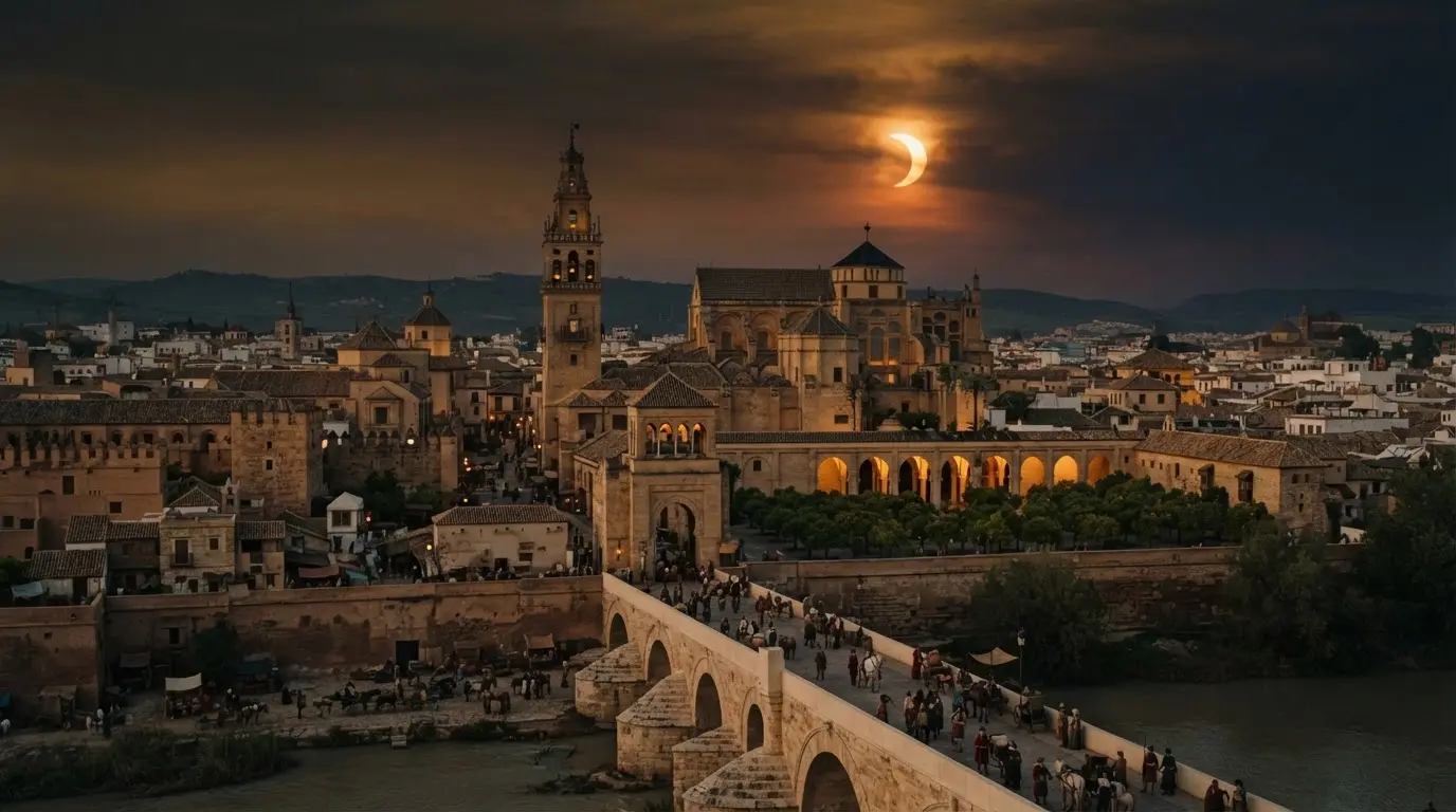 A robed Córdoba astronomer holding a brass astrolabe up to a darkening sky during one of the medieval eclipses over Córdoba, the Mezquita-Catedral's horseshoe arches faintly visible at dusk, amber light fading to violet