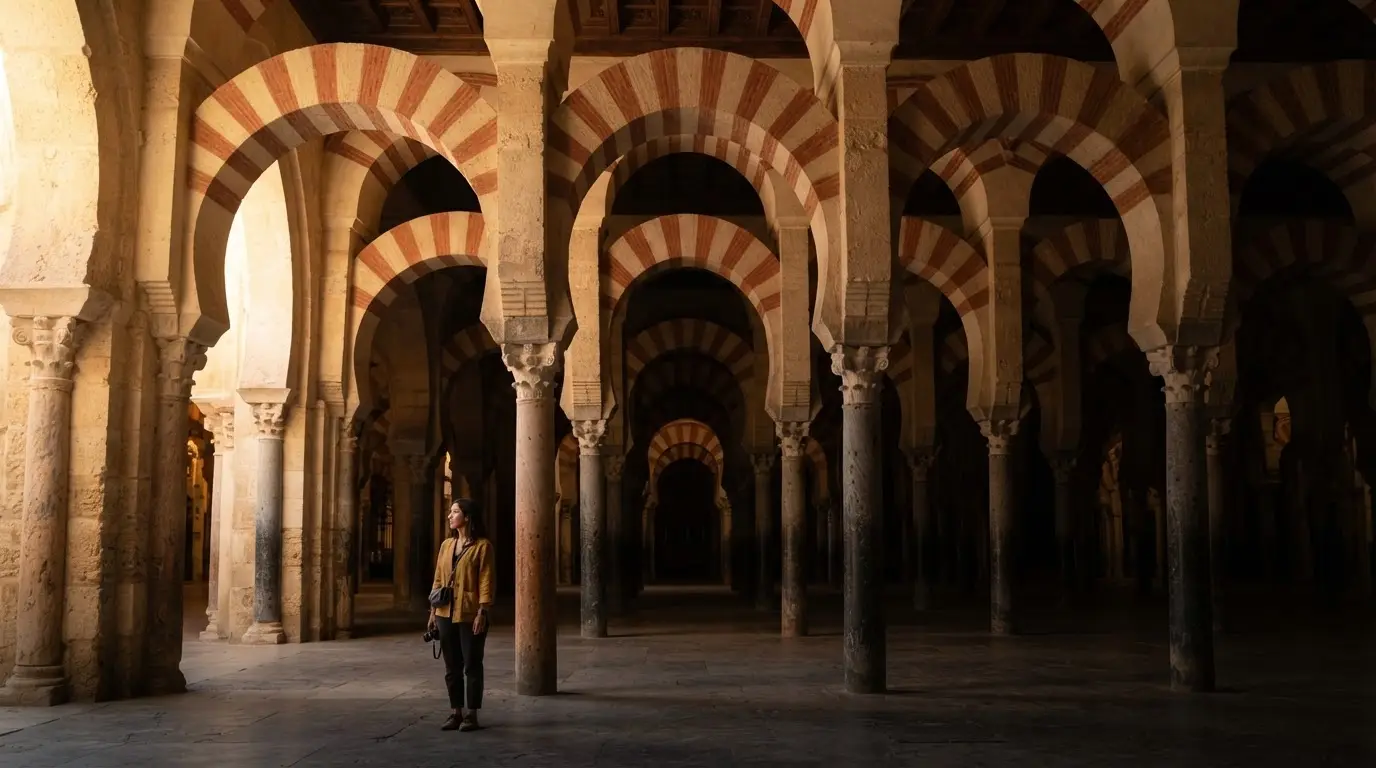 Red-and-white horseshoe arches of the Mezquita-Catedral de Córdoba receding into shadow at golden hour, a lone visitor standing beneath them, the architectural heart of al andalus tourism in the city where the Caliphate of Córdoba ruled from 929 to 1031