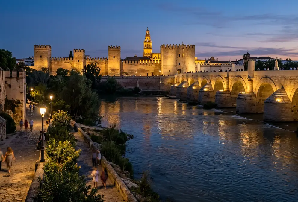 View of the Guadalquivir river from Córdoba's south bank near the Roman Bridge, the Umayyad Alcázar towers visible across the water at dusk, medieval fortifications reflecting in the river, al-Hakam I Córdoba