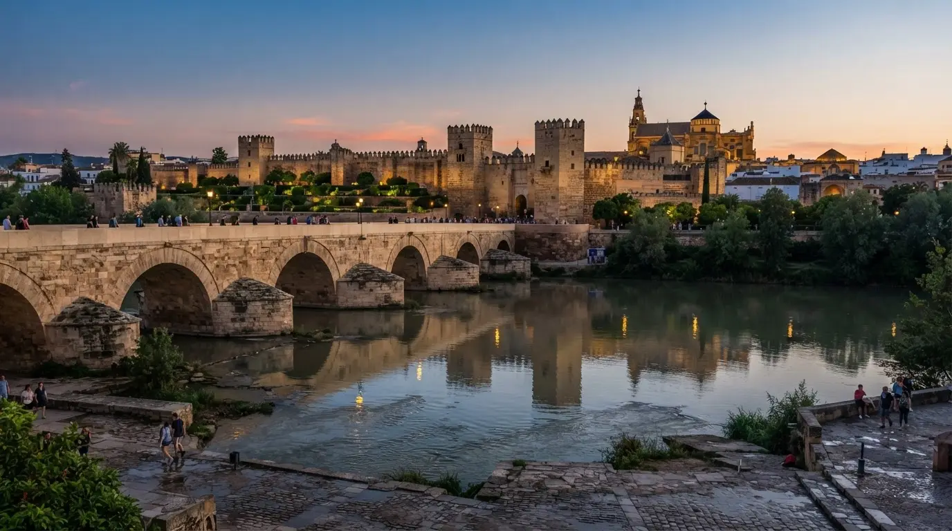 View of the Guadalquivir river from Córdoba's south bank near the Roman Bridge, the Umayyad Alcázar towers visible across the water at dusk, medieval fortifications reflecting in the river, al-Hakam I Córdoba