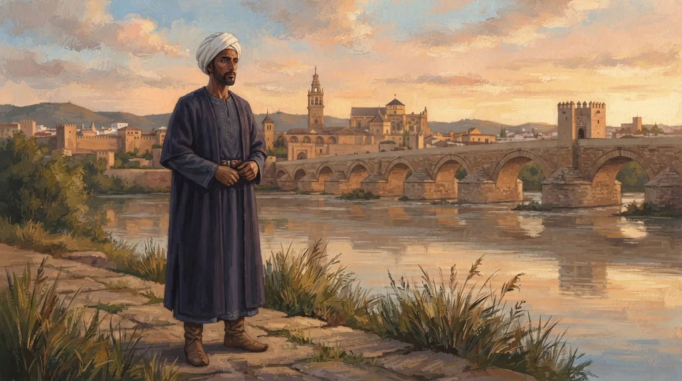 Illustration of Al-Hakam I as a tall, slender, dark-complexioned early 9th-century Umayyad emir in a white turban and plain robes, standing before the Guadalquivir and the arches of the Roman Bridge of Córdoba