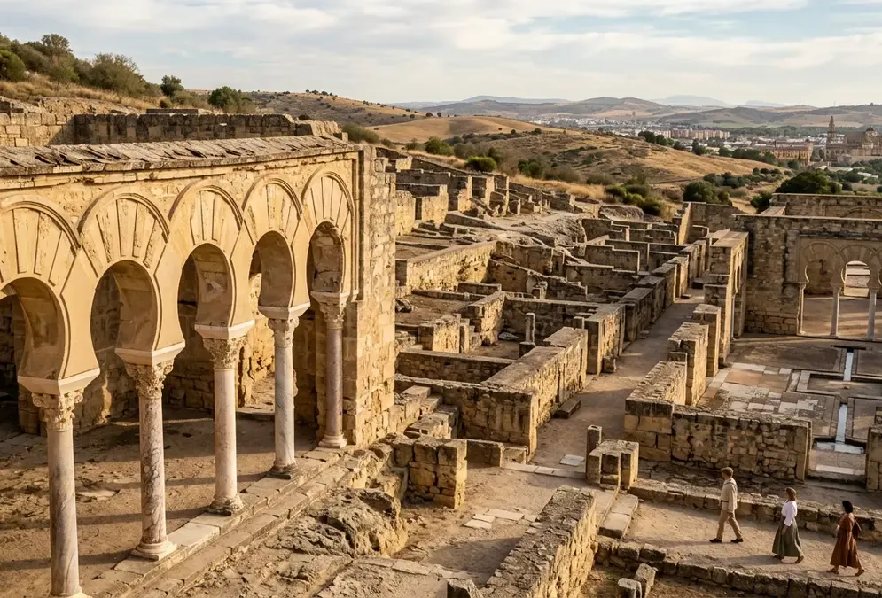 The remnants of Madīnat al-Zahrā's grand halls where Al-Hakam II's legendary 400,000-manuscript library once stood, destroyed during the Fitna civil war. Al-Hakam II library Córdoba.
