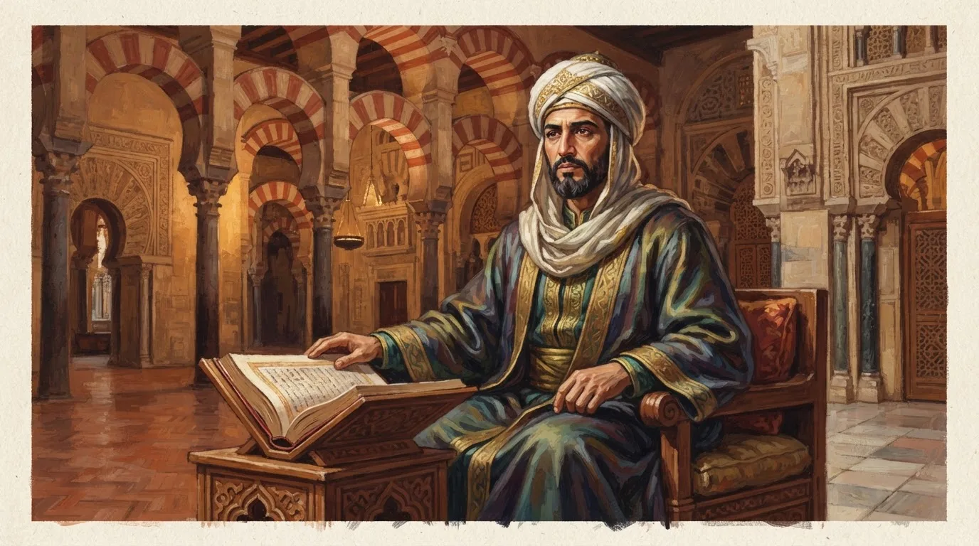 Illustration of Al-Hakam II as a bearded 10th-century Umayyad caliph in a white turban and gold-trimmed robes, seated with a hand on an open book on a carved stand, before the red-and-white horseshoe arches of the Great Mosque of Córdoba