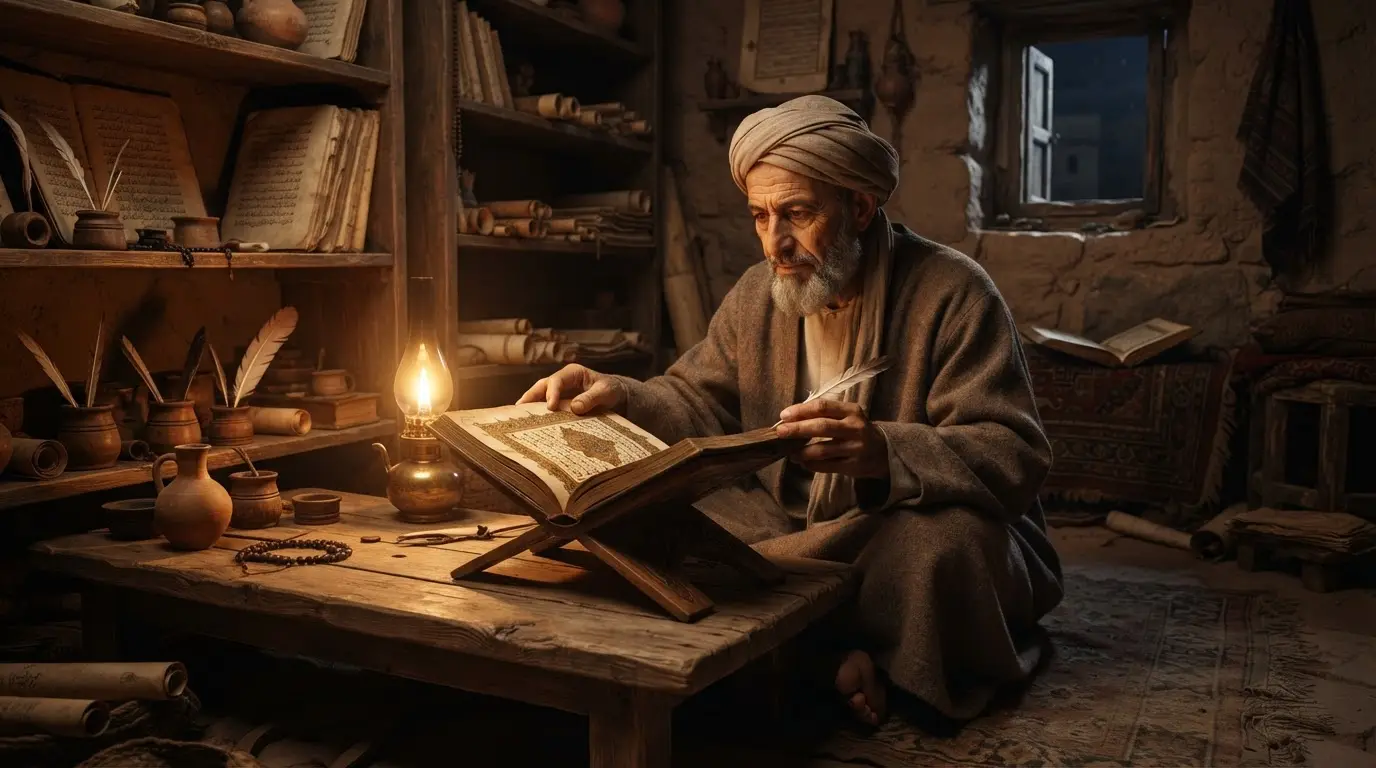 Al-Qurtubi, the Córdoba scholar, portrayed studying a Quran manuscript by lamplight in a modest Egyptian study, warm sepia tones, photorealistic 13th-century composition