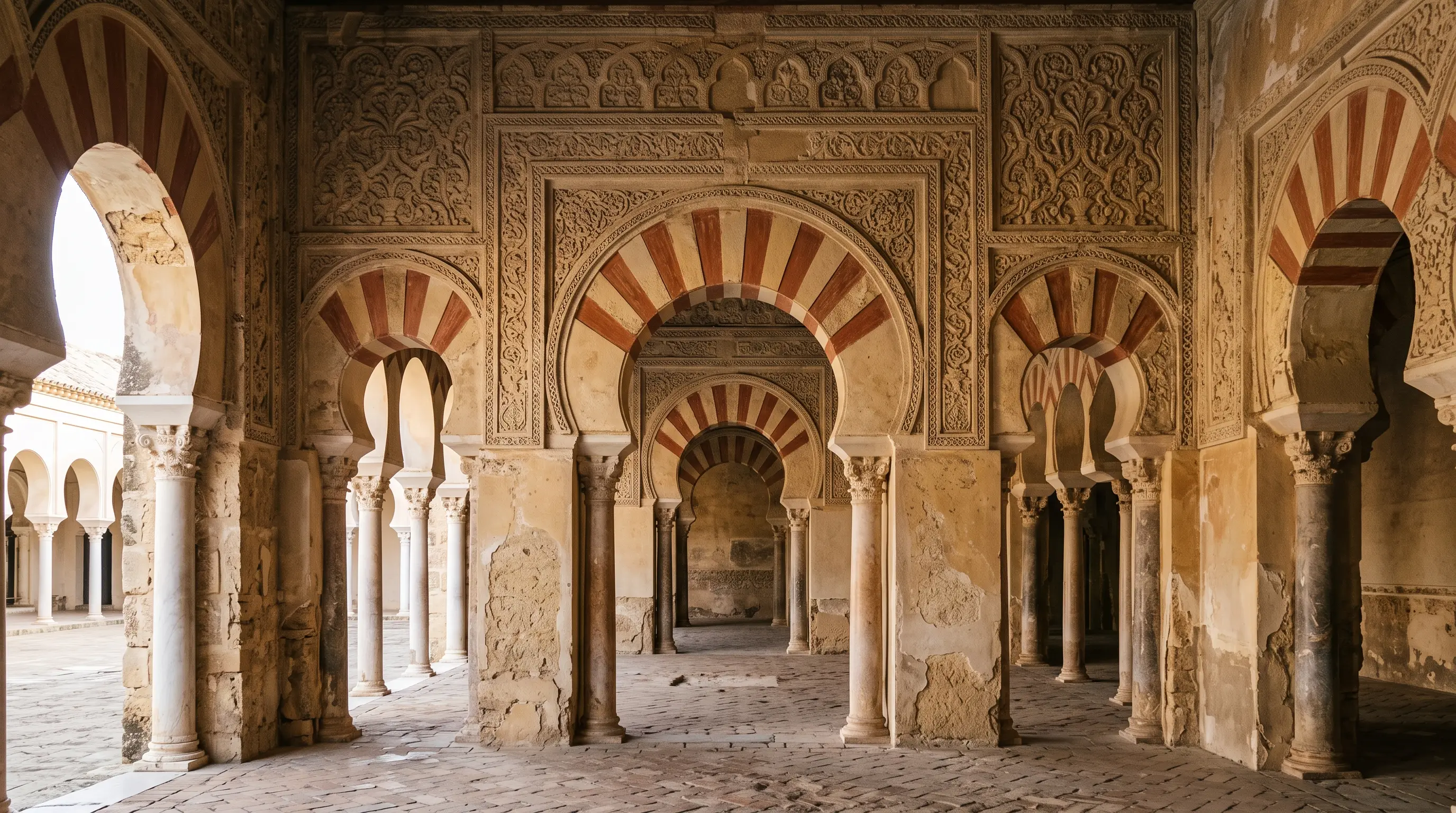 Horseshoe arcades of the Salón Rico at Madinat al-Zahra in low morning light, carved stone walls and the central arch of the hall, evoking the annals of Al-Hakam II's Córdoba court