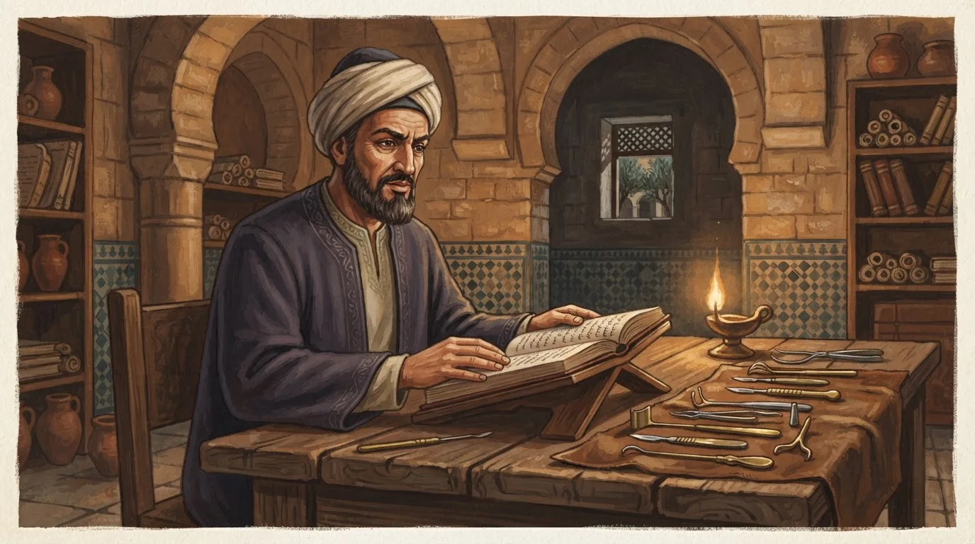 Illustration of Al-Zahrawi as an imagined 10th-century Córdoba physician in a plain robe and turban, studying a manuscript by lamplight