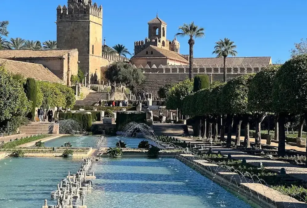 Rectangular pools and cypress-lined terraces of the Alcázar de los Reyes Cristianos gardens in Córdoba