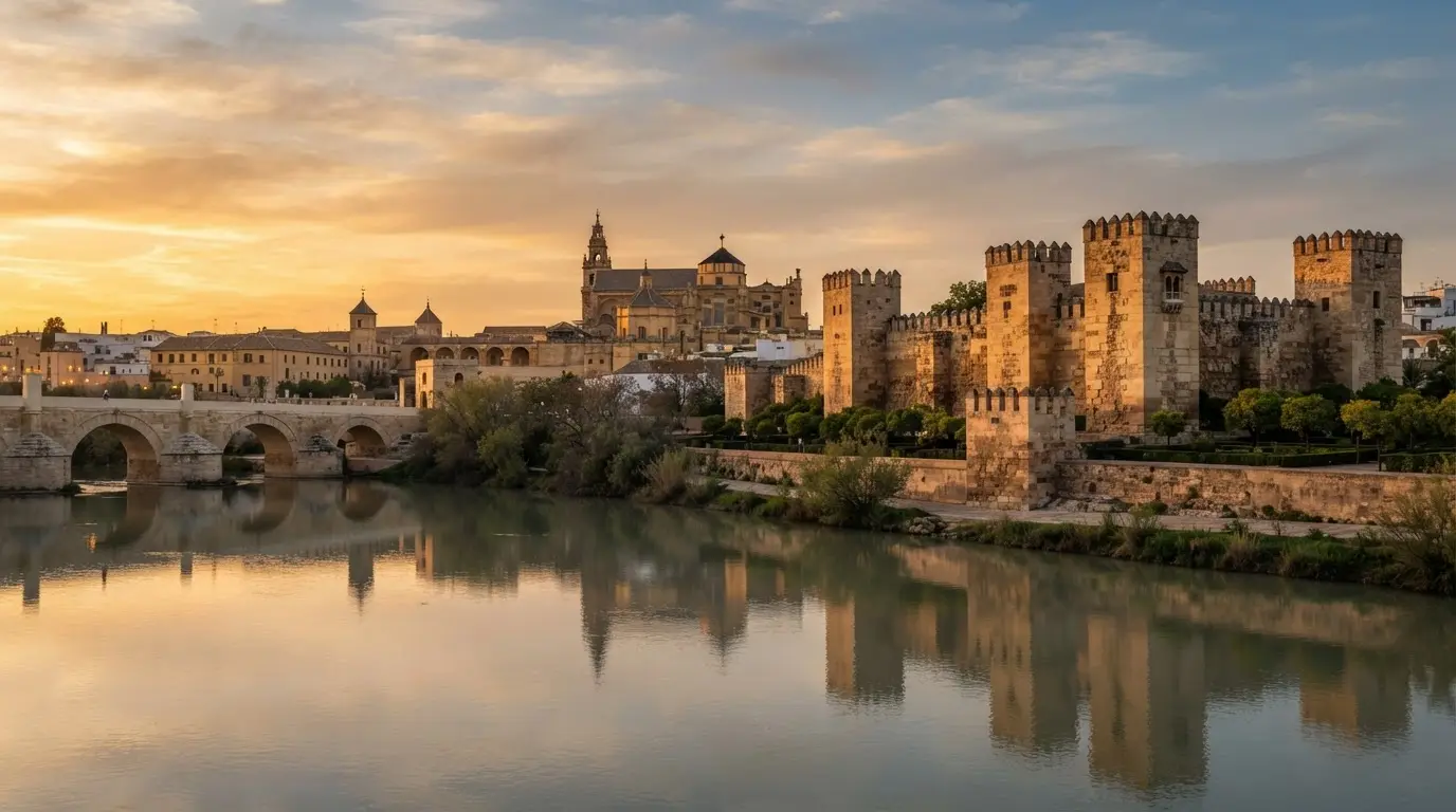 Alcazar of the Caliphs Cordoba setting at golden hour: honey-coloured walls and corner towers of the Alcázar de los Reyes Cristianos beside the Guadalquivir, Mezquita-Catedral roofs rising behind, photorealistic