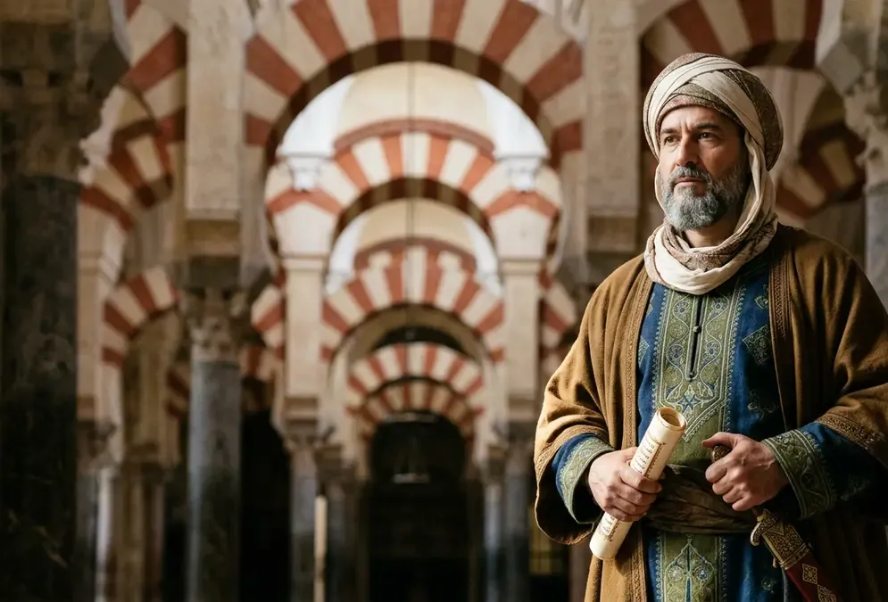Almanzor, al-Mansur billah, vizier of Córdoba — portrait composition in the style of Islamic illuminated manuscripts from al-Andalus, 10th century