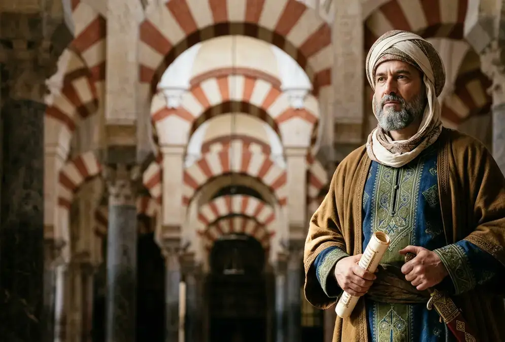 Almanzor, al-Mansur billah, vizier of Córdoba — portrait composition in the style of Islamic illuminated manuscripts from al-Andalus, 10th century