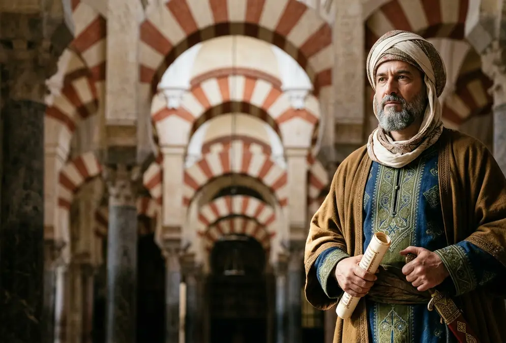 Almanzor, al-Mansur billah, vizier of Córdoba — portrait composition in the style of Islamic illuminated manuscripts from al-Andalus, 10th century
