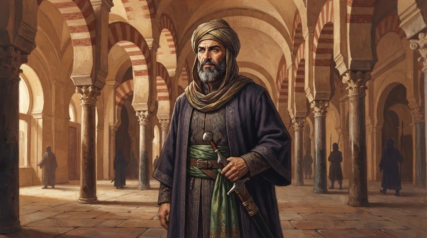 Illustration of Almanzor as a 10th-century Andalusi statesman-general in a cloak and turban, standing in a palace hall with horseshoe arches and carved stone walls