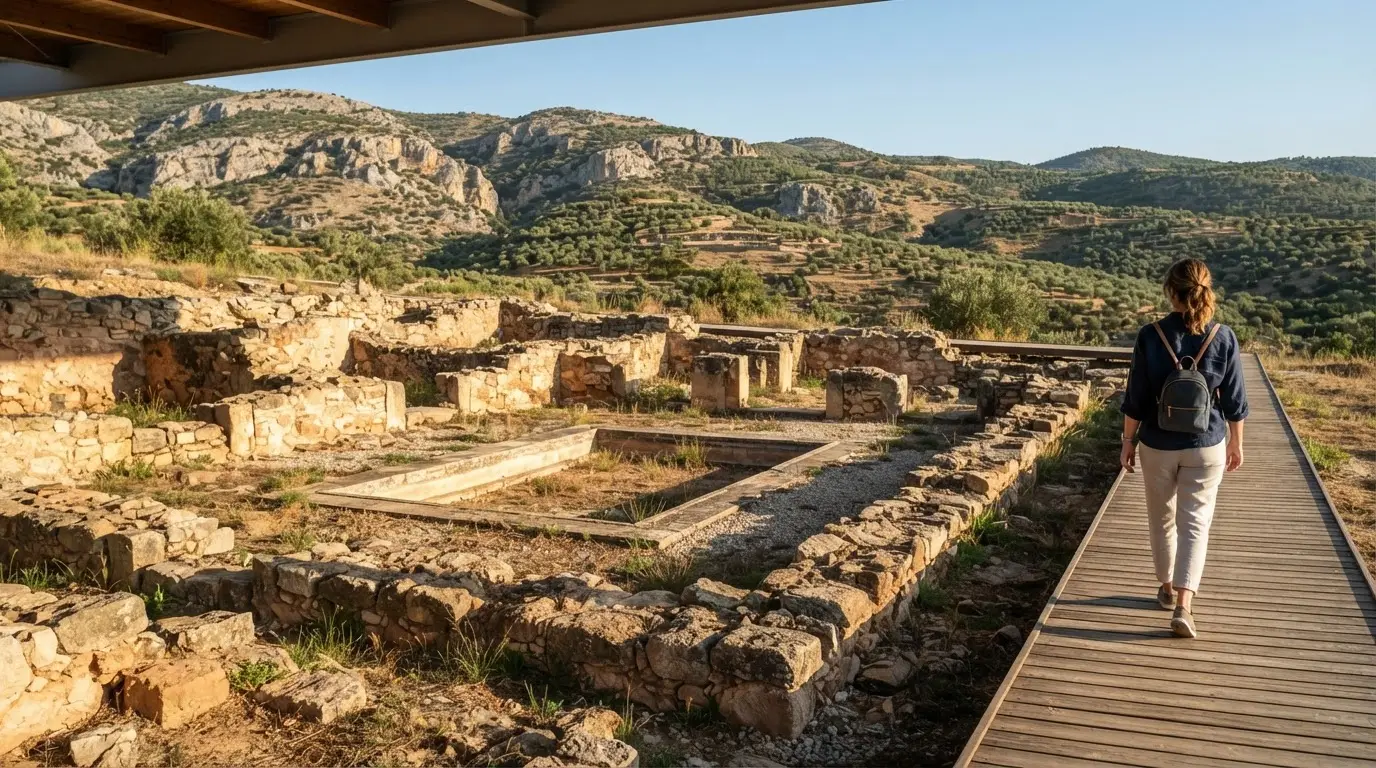 Almedinilla Roman villa El Ruedo and Iberian Cerro de la Cruz: excavated villa foundations around a porticoed courtyard in the foreground, a terraced limestone hillside rising behind in late afternoon light