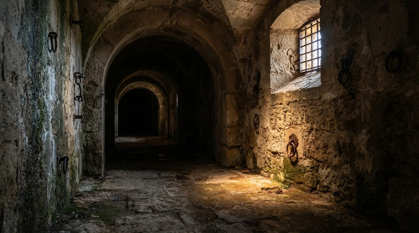 Vaulted stone passage with barred window and iron wall rings, in the manner of the underground levels at Castillo de Almodóvar