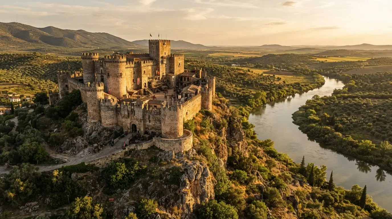 Almodóvar del Río Castle at golden hour, its Umayyad ramparts and round towers over the Guadalquivir valley, the medieval fortress whose film history runs from a 1986 Ava Gardner movie to Game of Thrones