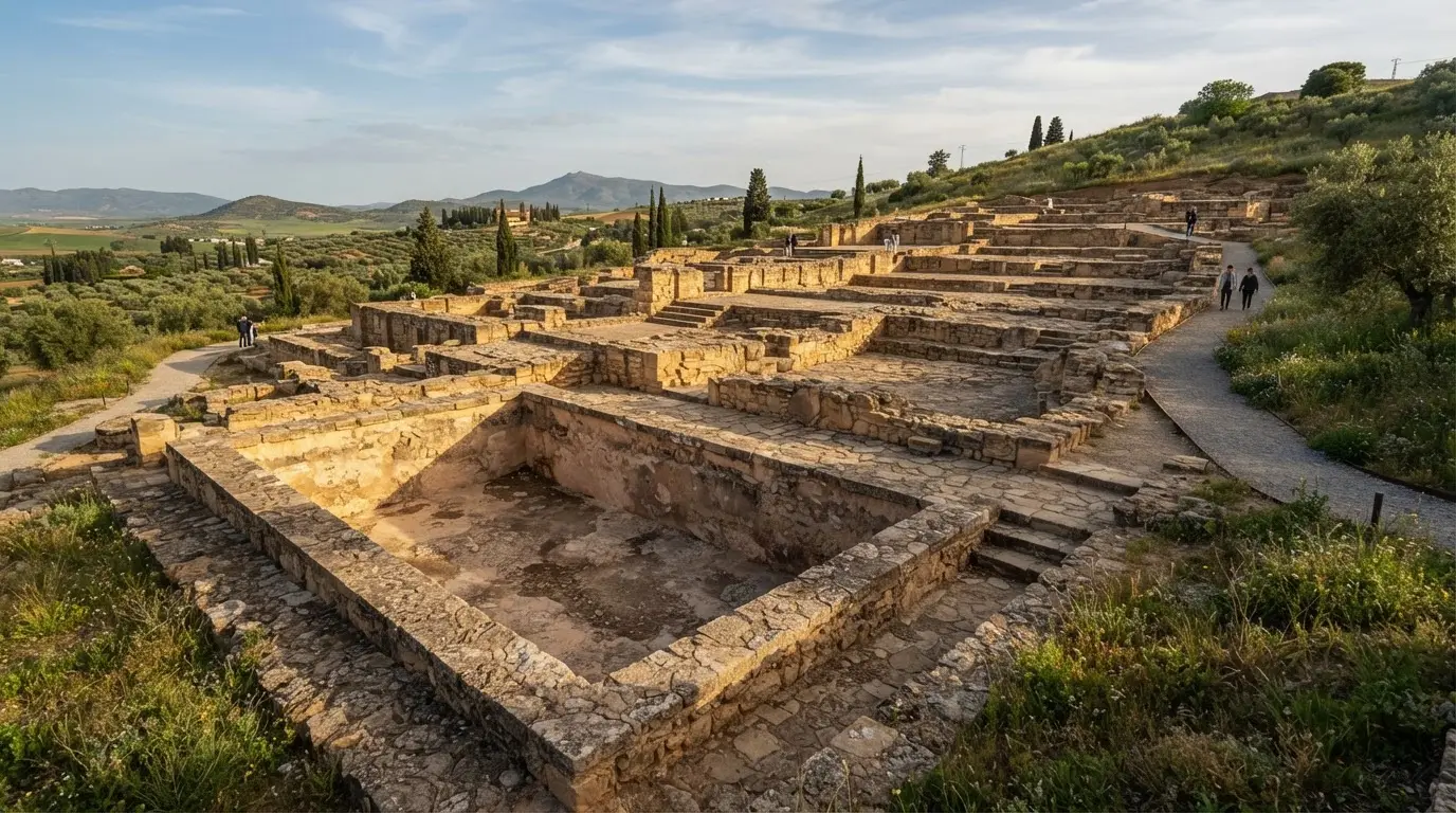 Excavated stone terraces and a dry water basin at the Umayyad almunia of al-Rummaniyya near Córdoba, Spain, low afternoon light across weathered sandstone foundations, almunias cordoba caliphate gardens photorealistic archaeological site
