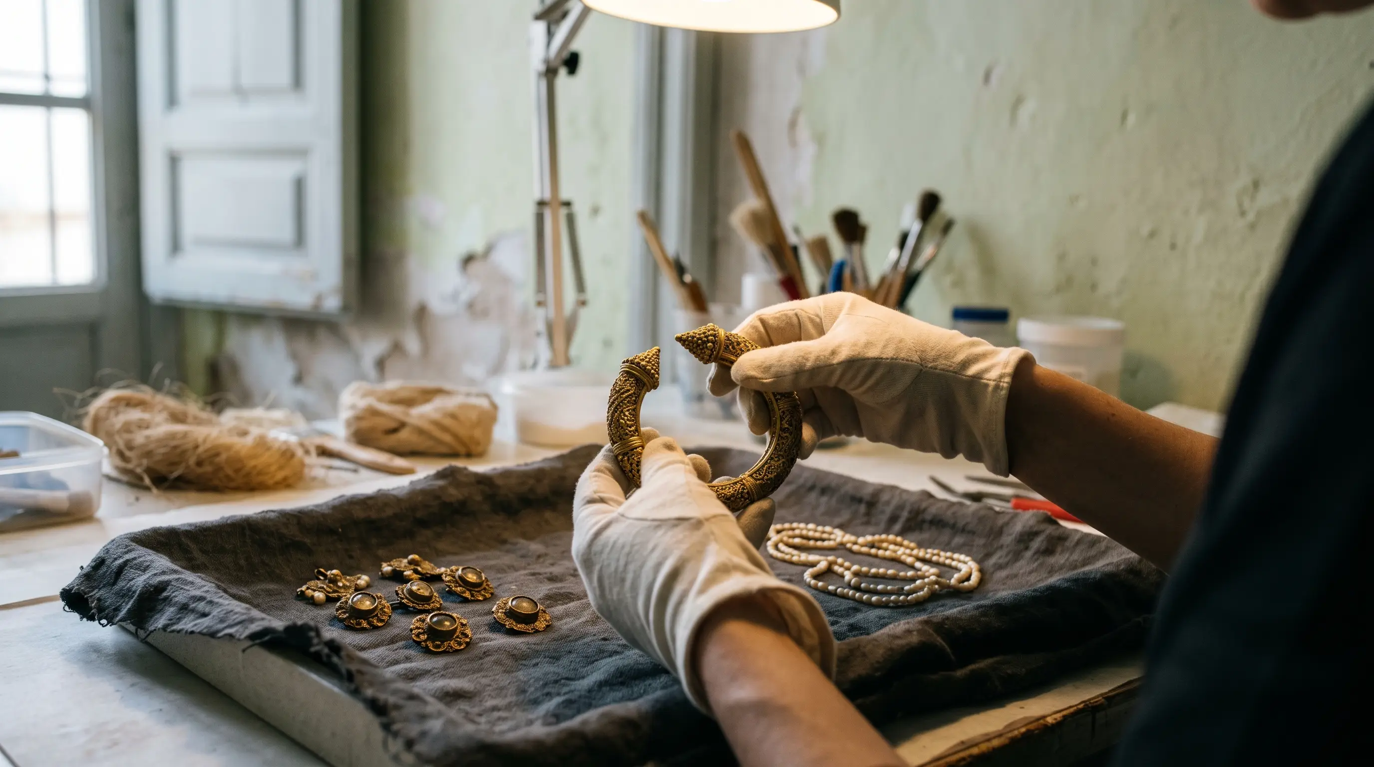 Tesorillo de la Amarguilla Baena: AI-generated illustration of 11th-century Andalusi gold filigree bangles, small sewn-on ornaments and strings of seed pearls on dark cloth under soft museum lighting