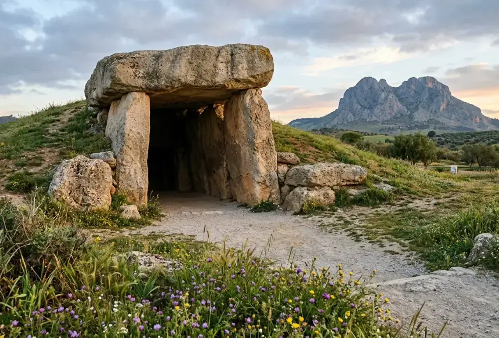 The Dolmen de Menga with the pareidolic profile of the Peña de los Enamorados mountain in the distance