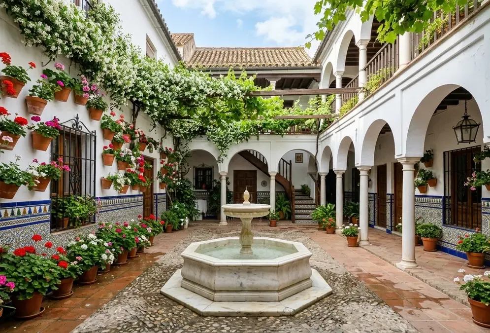 Traditional Andalusian patio in Córdoba — central fountain, geraniums, azulejo tilework at dado height