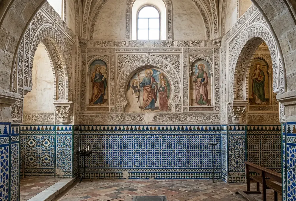 Interior of Capilla de San Bartolomé, Córdoba — Christian imagery above, Islamic geometric tilework below, 1410