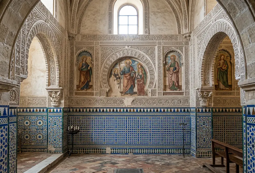 Interior of Capilla de San Bartolomé, Córdoba — Christian imagery above, Islamic geometric tilework below, 1410
