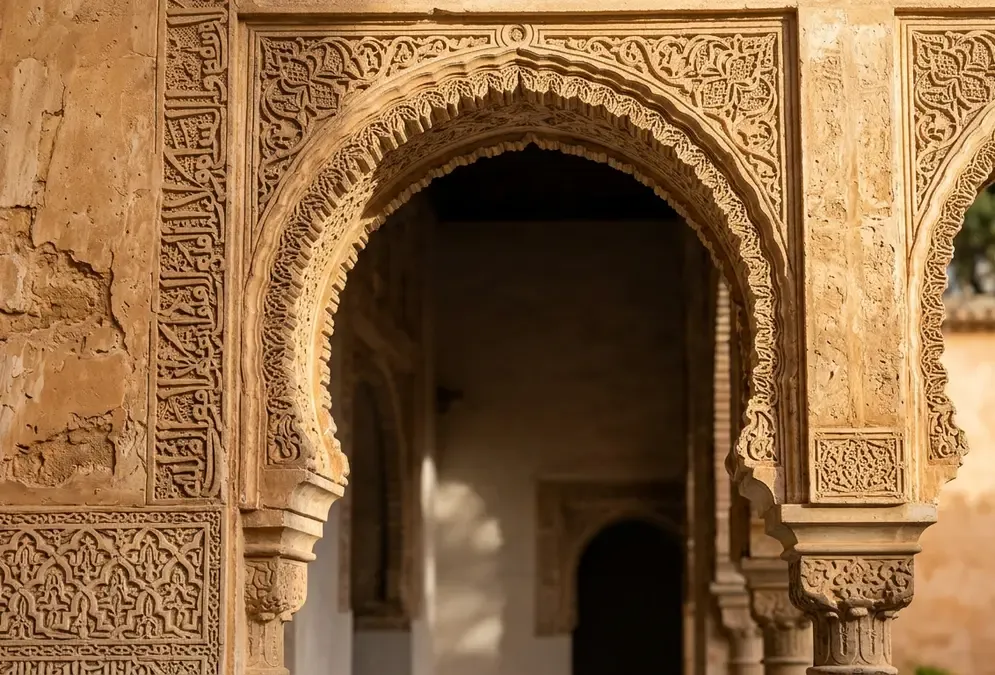 Horseshoe arch detail inside the Mezquita, Córdoba — alternating red brick and white stone voussoirs