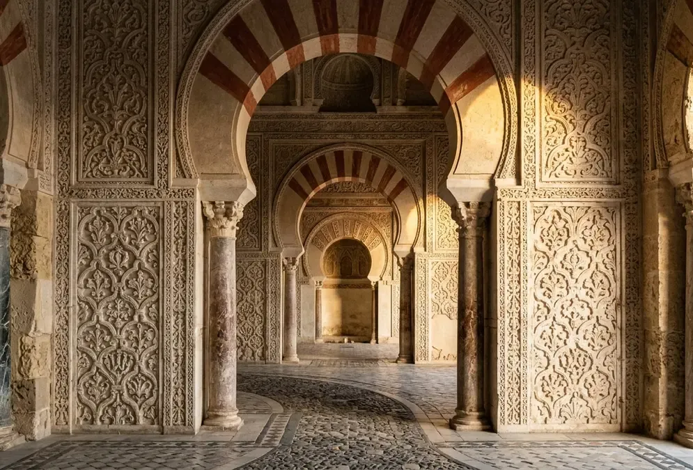 Salon Rico throne room at Medina Azahara — three registers of carved marble relief, 953 AD