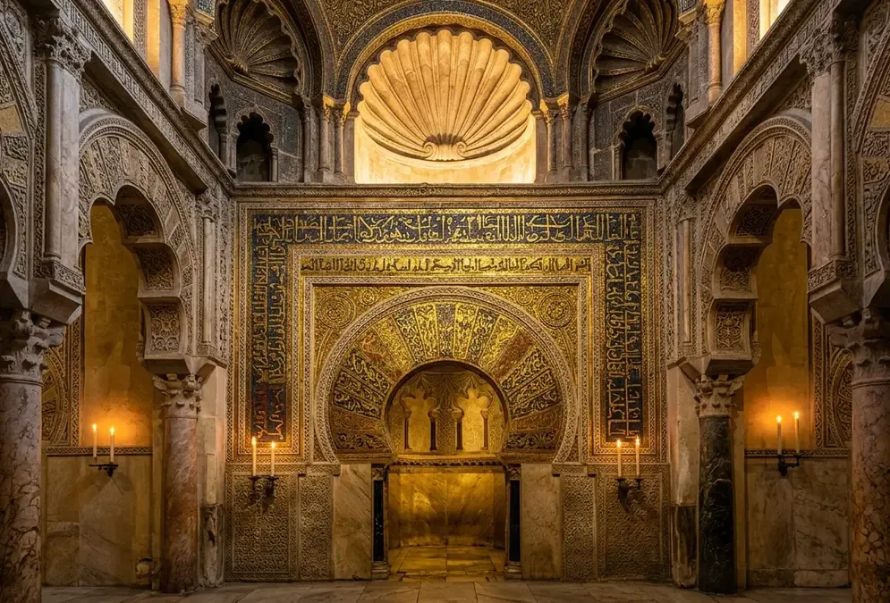 The mihrab of the Mezquita-Cathedral of Córdoba — gold Byzantine mosaics, shell dome, 965–971 AD