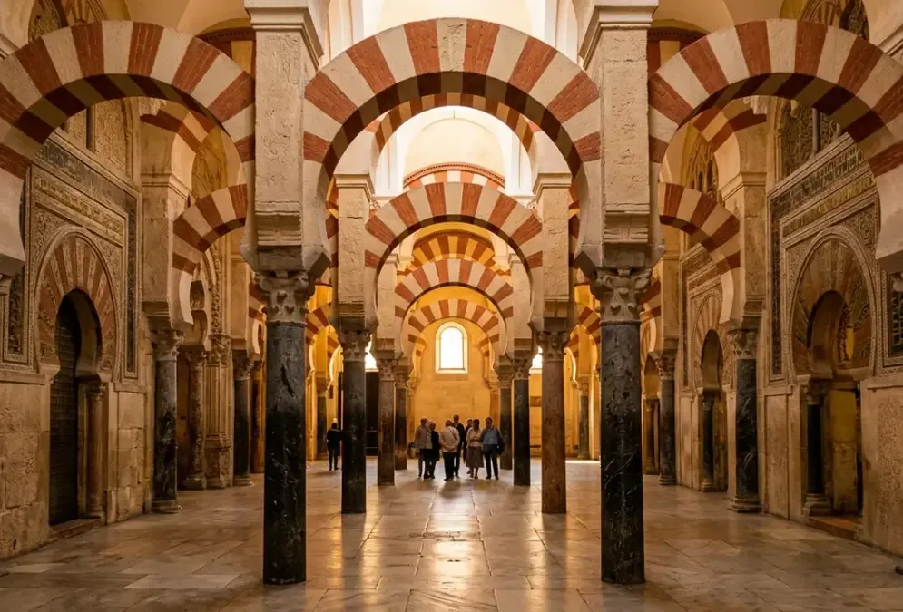 Horseshoe arches inside the Mezquita-Catedral, warm amber light