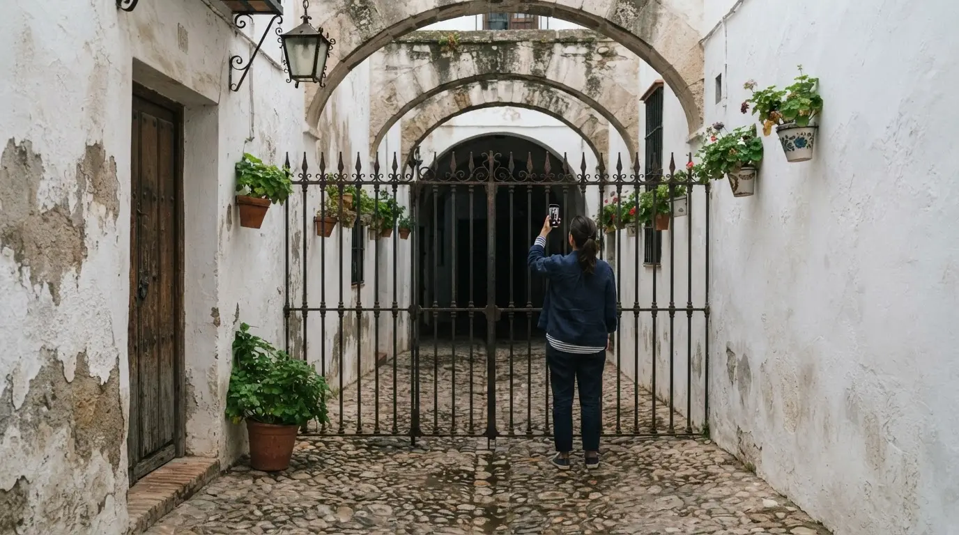 Arquillos alley Córdoba: a narrow whitewashed lane in the Judería closed by an iron gate, small stone arches overhead, soft morning light