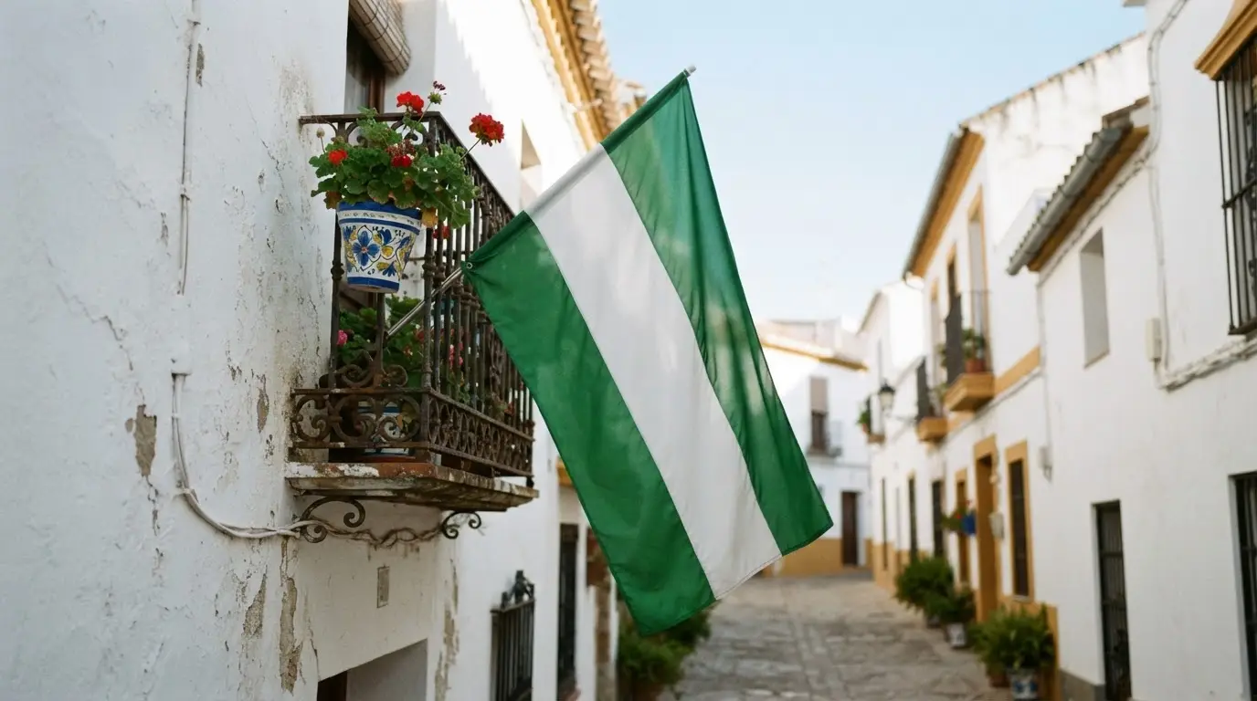 Green and white Andalusian flag on a mast above a Córdoba square in clear morning light, townhouses behind, assembly of cordoba 1919 andalusian flag