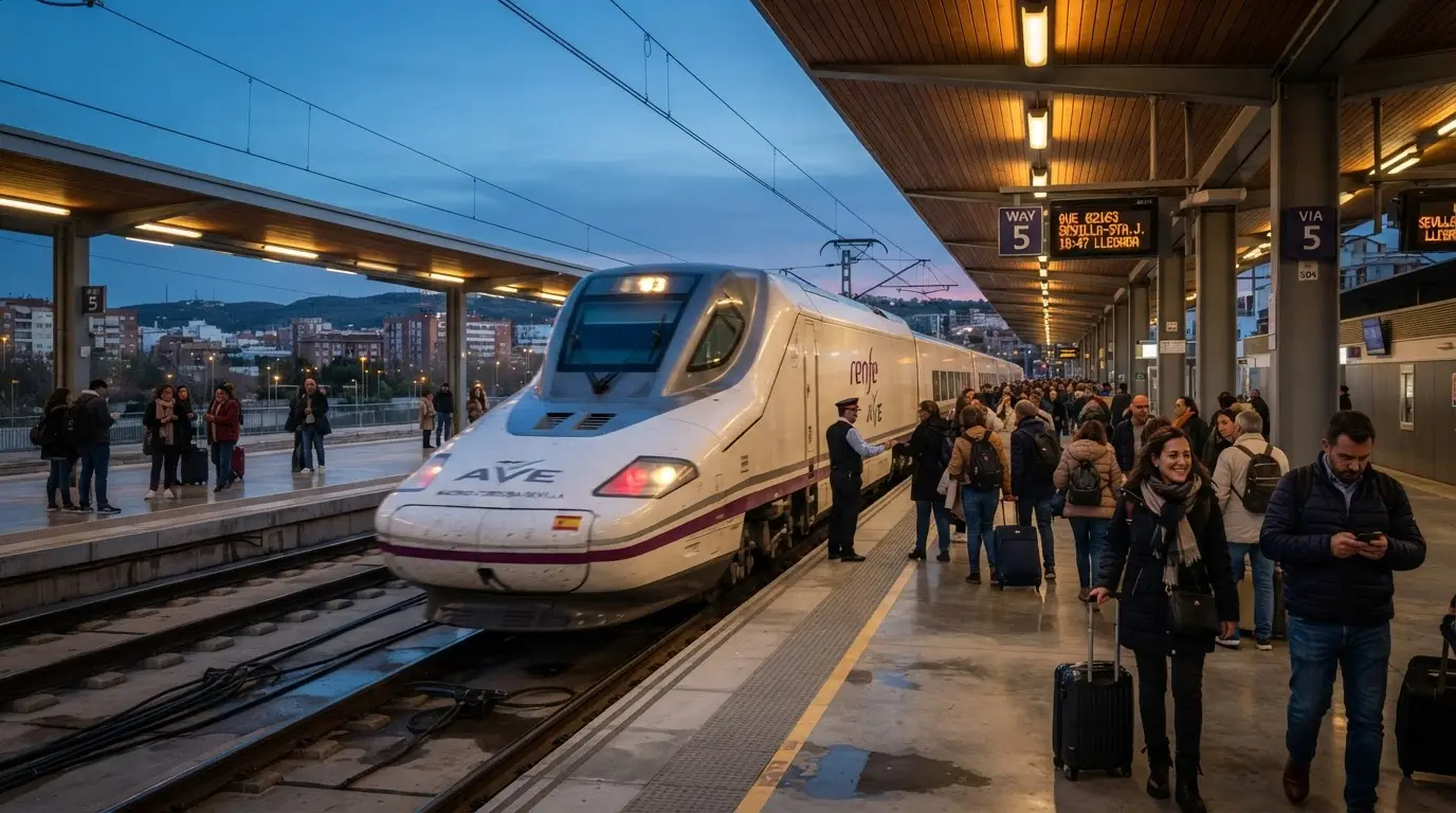 AVE high speed rail Cordoba: a white high-speed train arriving at Córdoba station at dusk, warm platform lights and the low modern station canopy