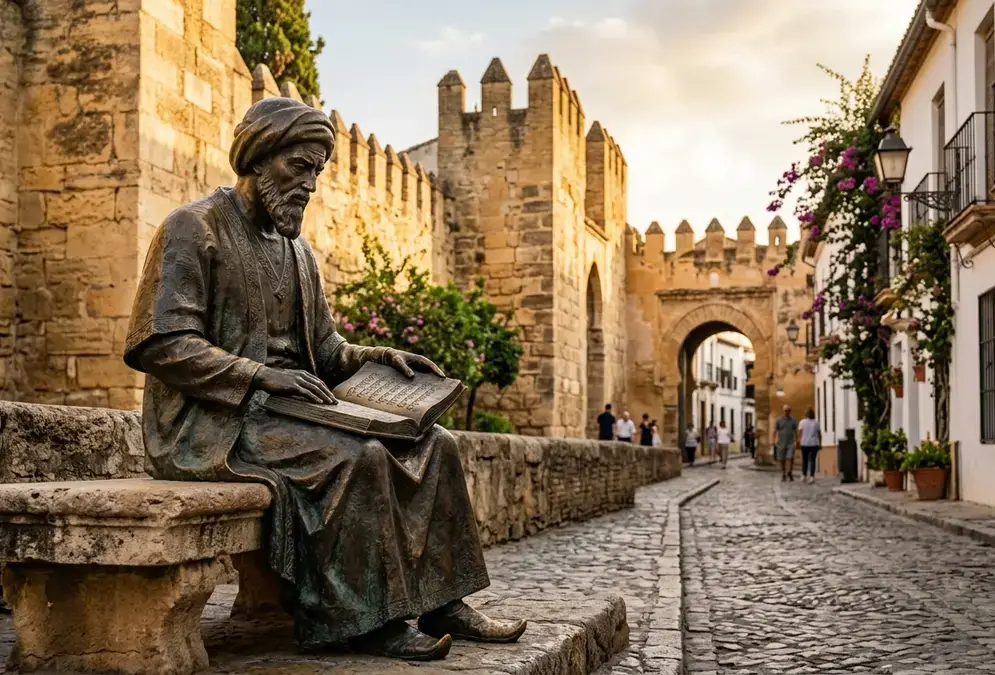 Bronze statue of Averroes seated on a stone bench beside the medieval walls of Córdoba's Judería, golden-hour light catching the Almodóvar Gate behind him, photorealistic