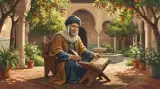 Illustration of Averroes as a grey-bearded Andalusian scholar in a turban and long robes, seated with a quill and an open manuscript on a carved stand in a Córdoba courtyard with orange trees and horseshoe arches
