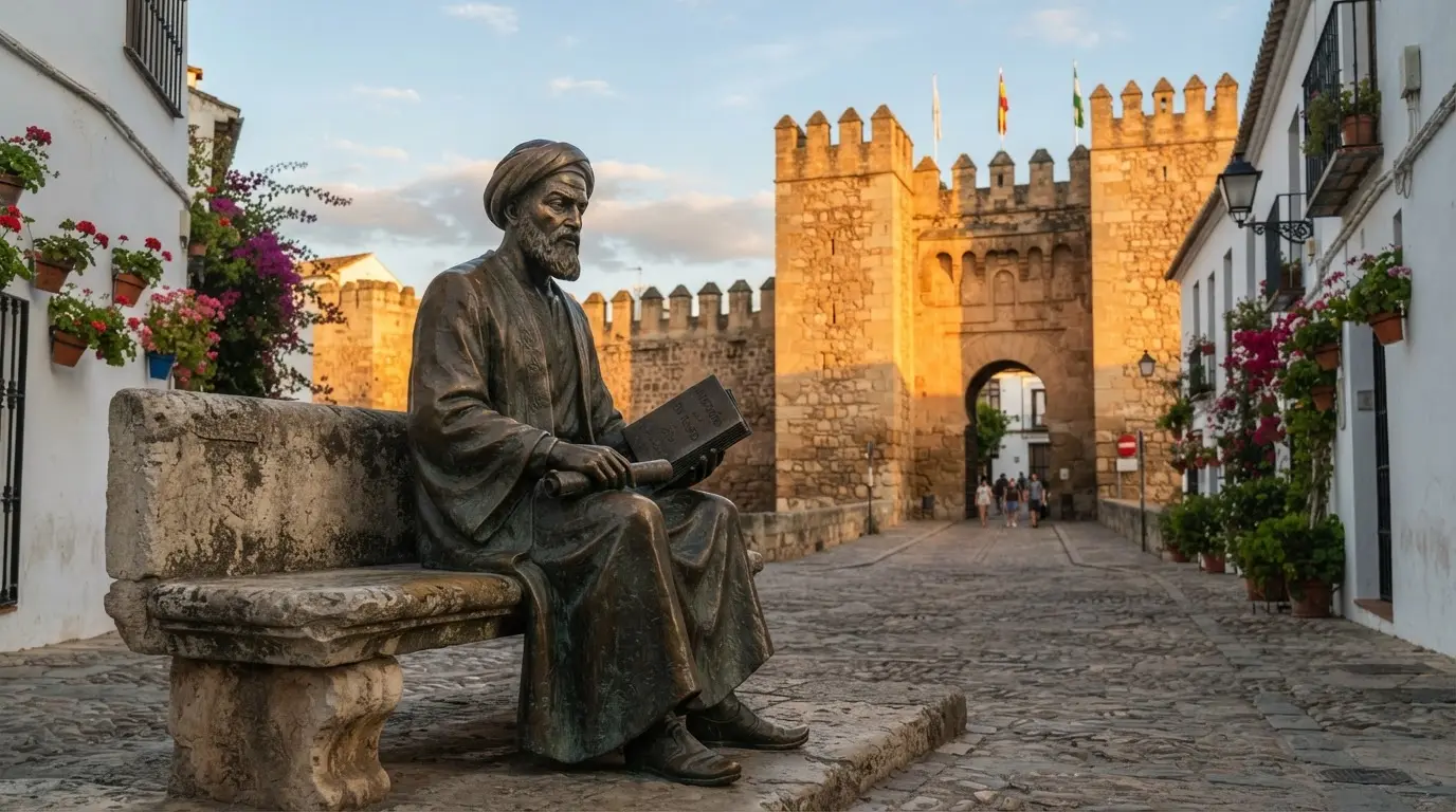 Bronze statue of Averroes seated on a stone bench beside the medieval walls of Córdoba's Judería, golden-hour light catching the Almodóvar Gate behind him, photorealistic