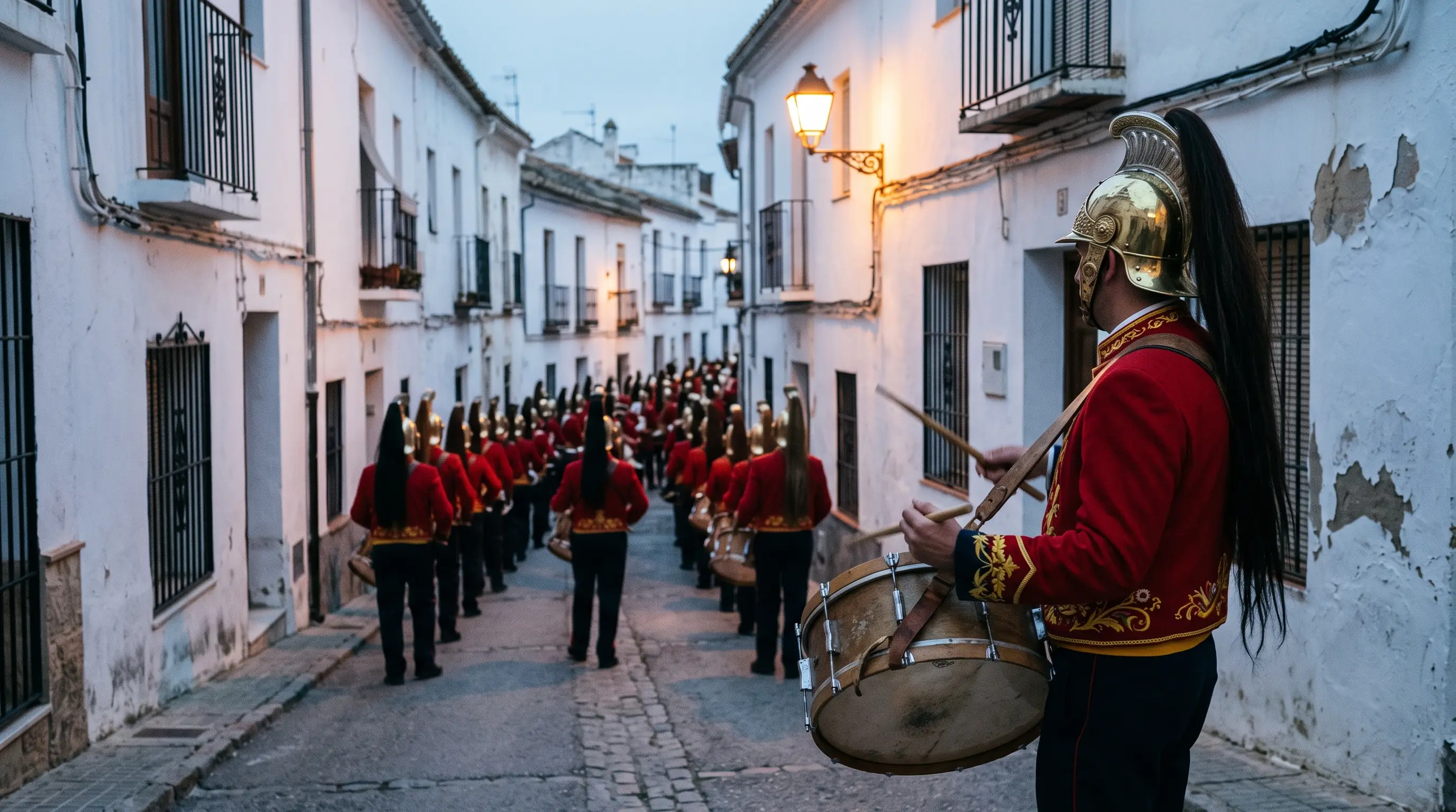 Judío drummers in red embroidered jackets and metal helmets with black and white horsetails marching along a whitewashed Baena street at dawn during the Baena tamborrada