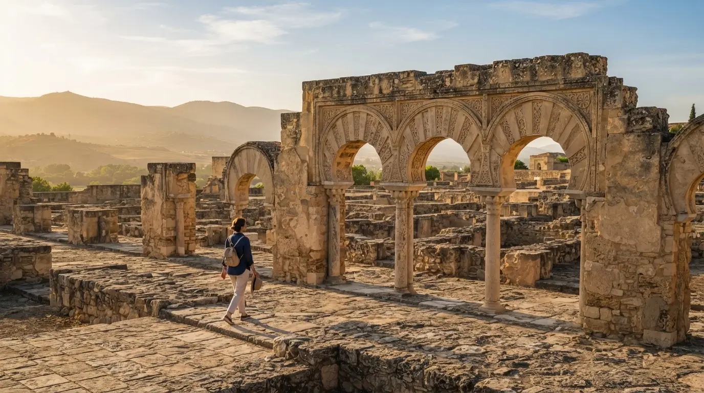 Council of notables seated on carpets in an eleventh-century Córdoba palace hall, horseshoe arches and oil lamps at dusk, the taifa of Córdoba under the Banu Jahwar