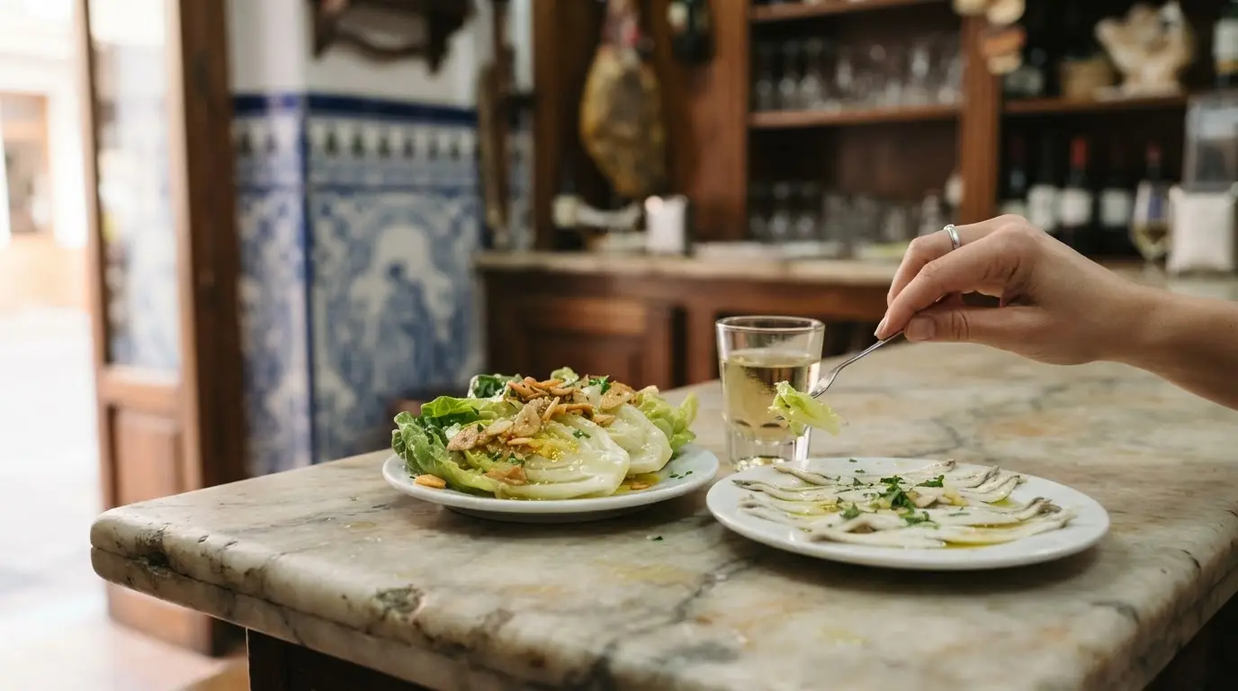 Lechuga al ajillo Córdoba style: crisp lettuce hearts with fried garlic slivers and olive oil on a zinc bar counter beside boquerones en vinagre and a glass of fino in warm afternoon light